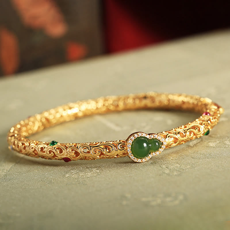 Buddha Stones "Sending Health and Good Fortune" Cyan Jade Copper Bangle Includes Gift Message Card