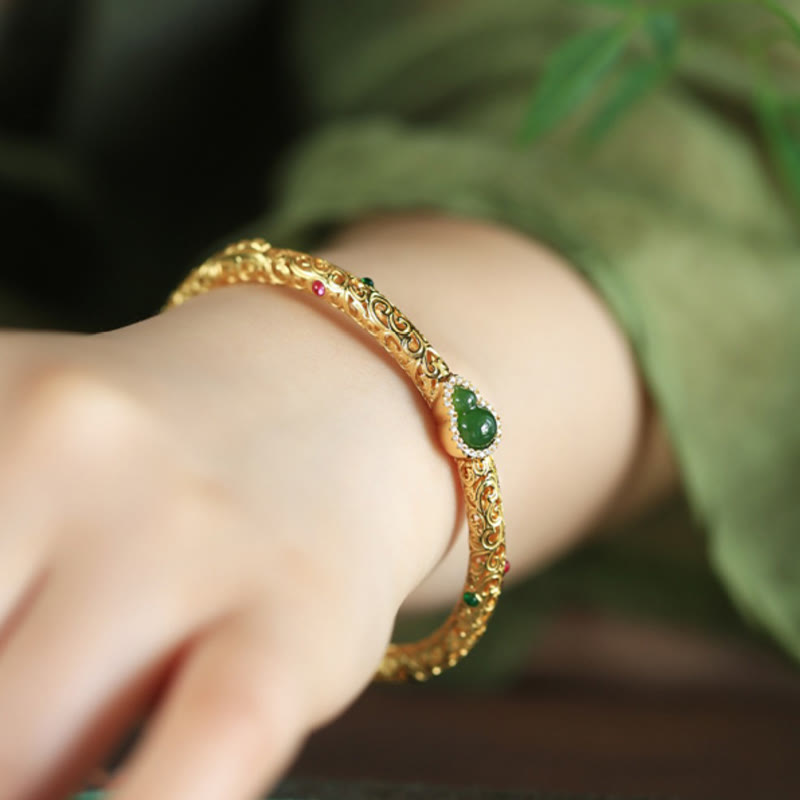 Buddha Stones "Sending Health and Good Fortune" Cyan Jade Copper Bangle Includes Gift Message Card