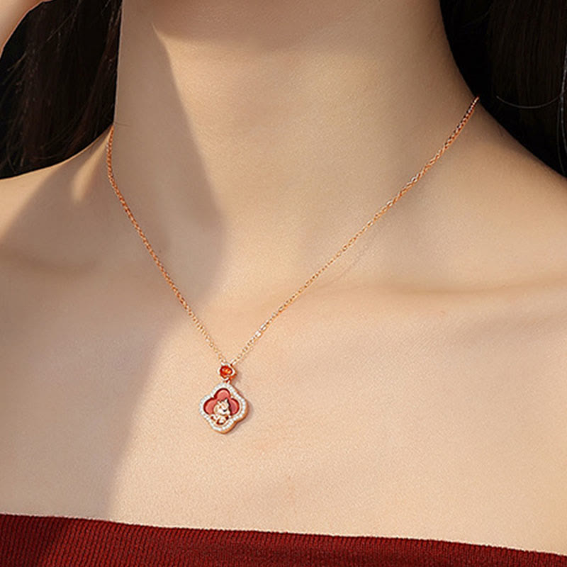 Buddha Stones 925 Sterling Silver Year Of The Horse Four Leaf Clover Red Agate Calm Necklace Pendant