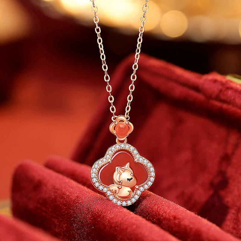 Buddha Stones 925 Sterling Silver Year Of The Horse Four Leaf Clover Red Agate Calm Necklace Pendant