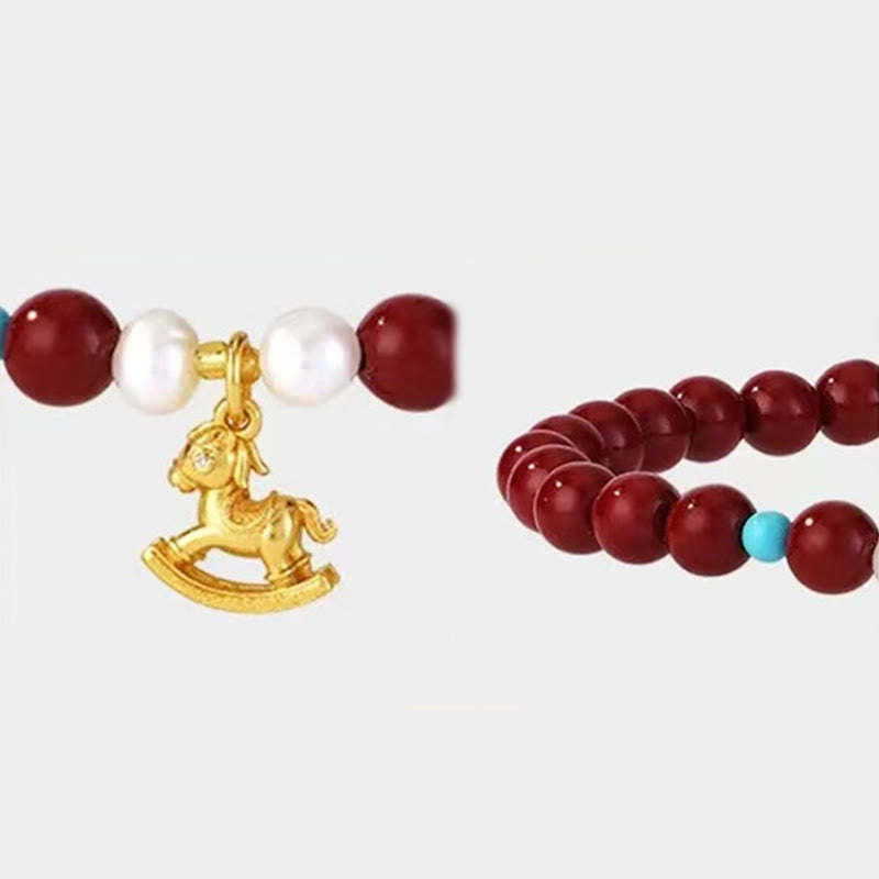 Buddha Stones Year of the Horse Natural Cinnabar Pearl Blessing Bracelet