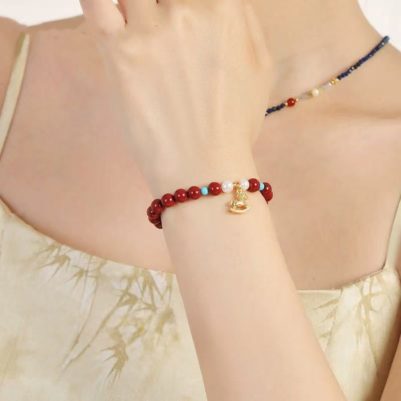 Buddha Stones Year of the Horse Natural Cinnabar Pearl Blessing Bracelet