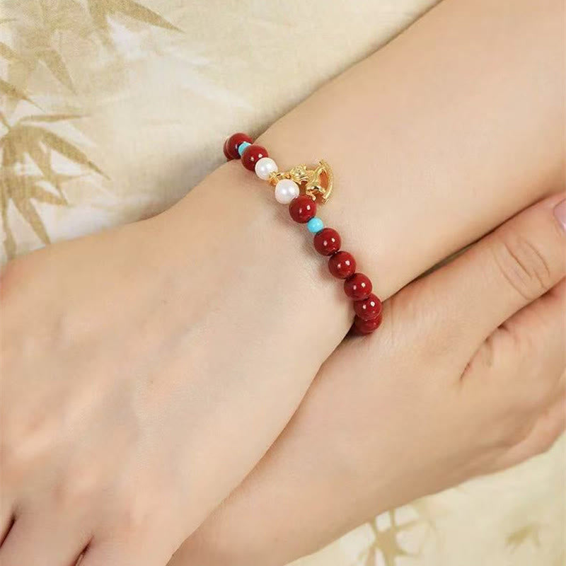 Buddha Stones Year of the Horse Natural Cinnabar Pearl Blessing Bracelet
