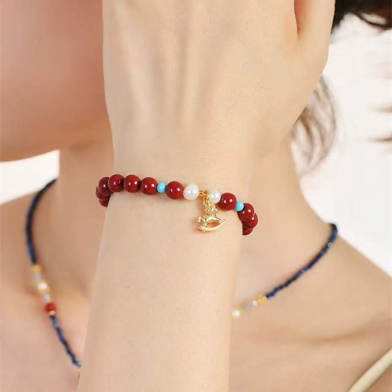 Buddha Stones Year of the Horse Natural Cinnabar Pearl Blessing Bracelet