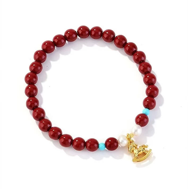 Buddha Stones Year of the Horse Natural Cinnabar Pearl Blessing Bracelet