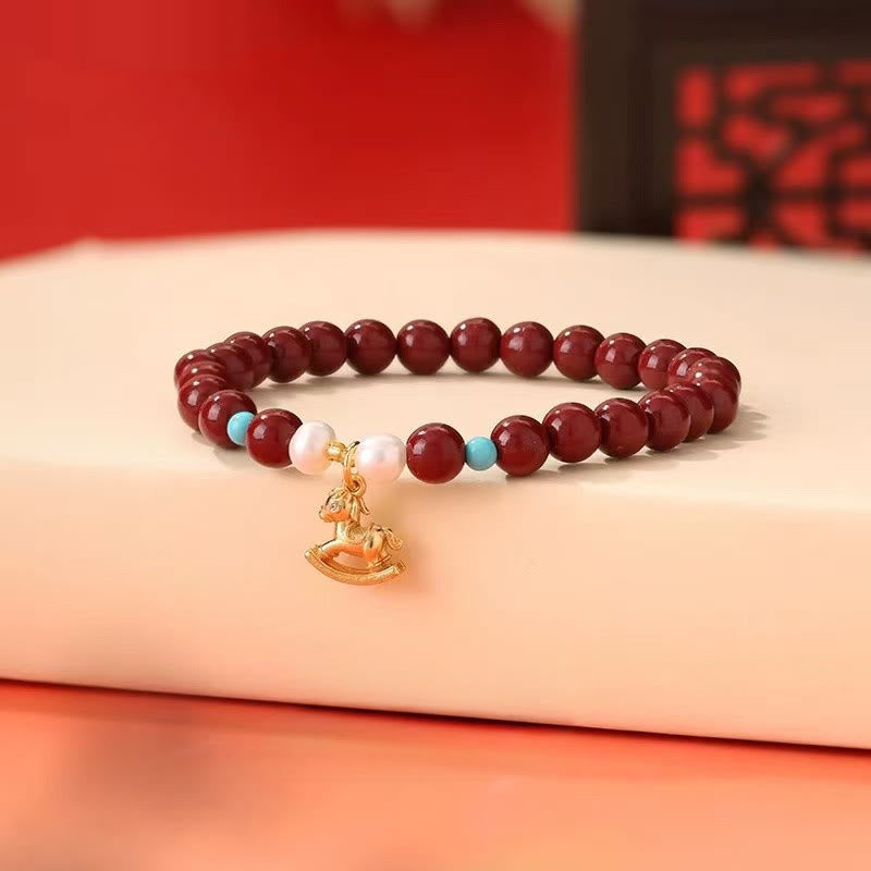 Buddha Stones Year of the Horse Natural Cinnabar Pearl Blessing Bracelet