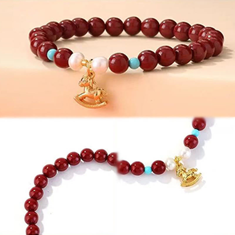 Buddha Stones Year of the Horse Natural Cinnabar Pearl Blessing Bracelet