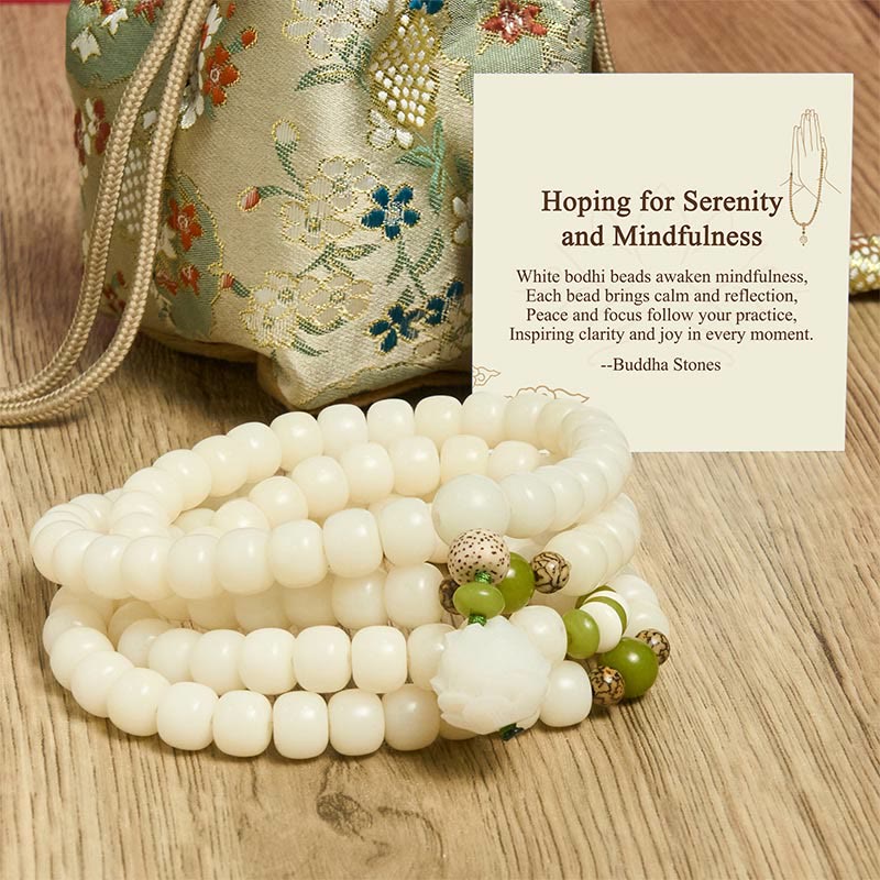 Buddha Stones "Hoping for Serenity and Mindfulness" Bodhi Lotus Mala Includes Gift Message Card