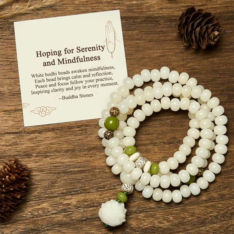 Buddha Stones "Hoping for Serenity and Mindfulness" Bodhi Lotus Mala Includes Gift Message Card