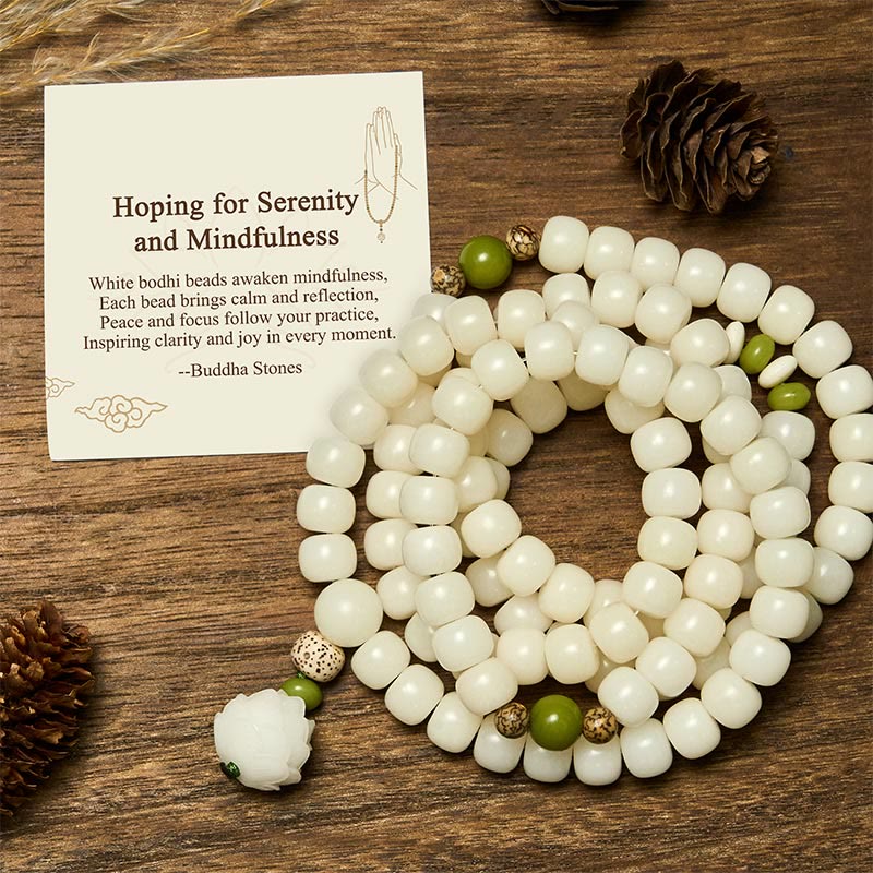 Buddha Stones "Hoping for Serenity and Mindfulness" Bodhi Lotus Mala Includes Gift Message Card