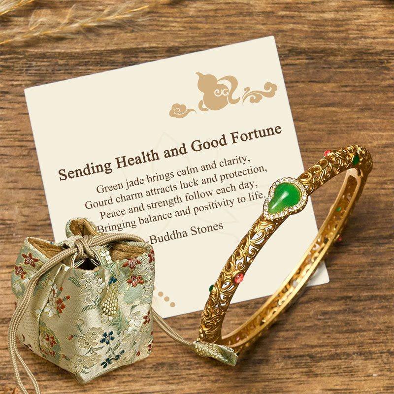 Buddha Stones "Sending Health and Good Fortune" Cyan Jade Copper Bangle Includes Gift Message Card