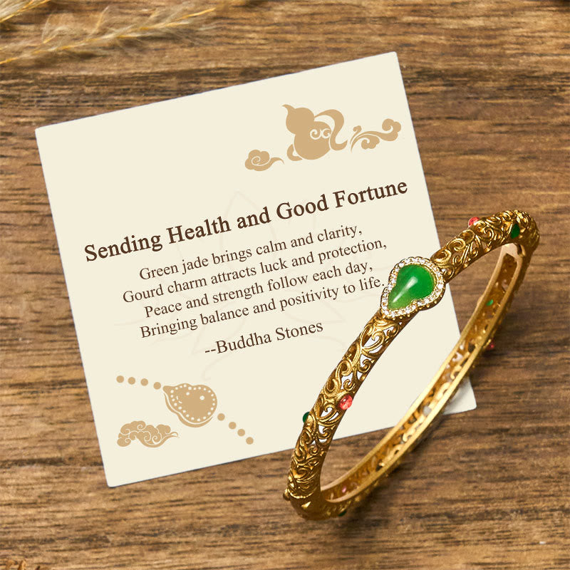 Buddha Stones "Sending Health and Good Fortune" Cyan Jade Copper Bangle Includes Gift Message Card