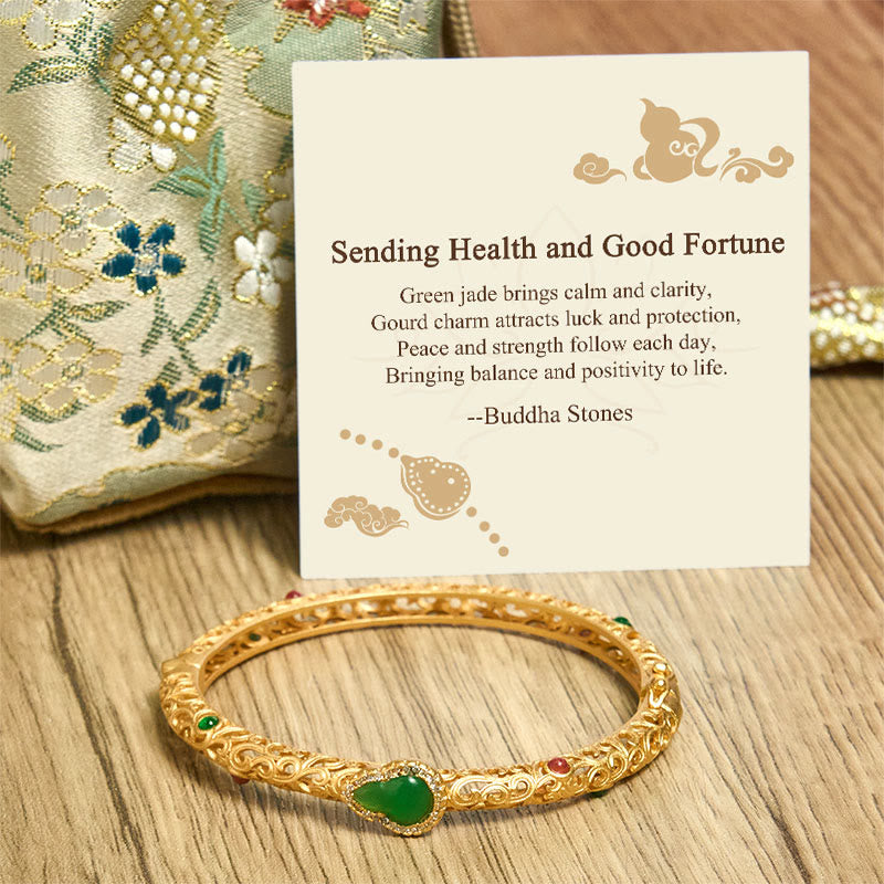 Buddha Stones "Sending Health and Good Fortune" Cyan Jade Copper Bangle Includes Gift Message Card