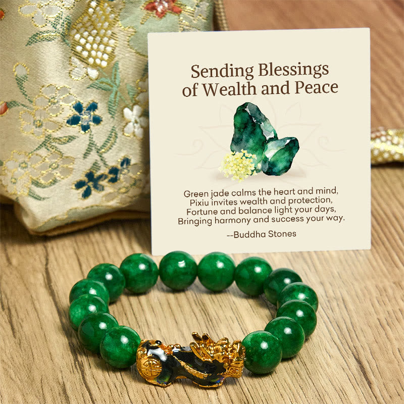 Buddha Stones "Sending Blessings of Wealth and Peace" PiXiu Jade Bracelet Includes Gift Message Card