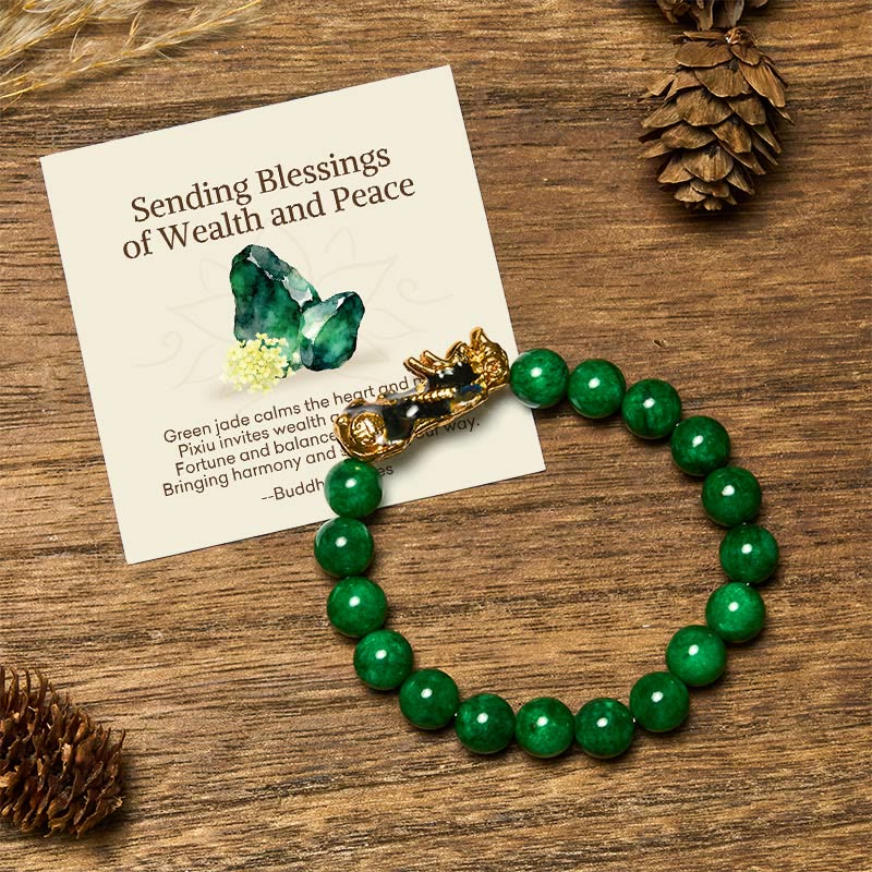 Buddha Stones "Sending Blessings of Wealth and Peace" PiXiu Jade Bracelet Includes Gift Message Card