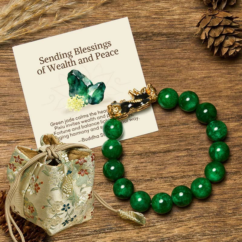 Buddha Stones "Sending Blessings of Wealth and Peace" PiXiu Jade Bracelet Includes Gift Message Card