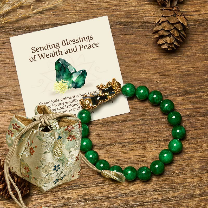 Buddha Stones "Sending Blessings of Wealth and Peace" PiXiu Jade Bracelet Includes Gift Message Card
