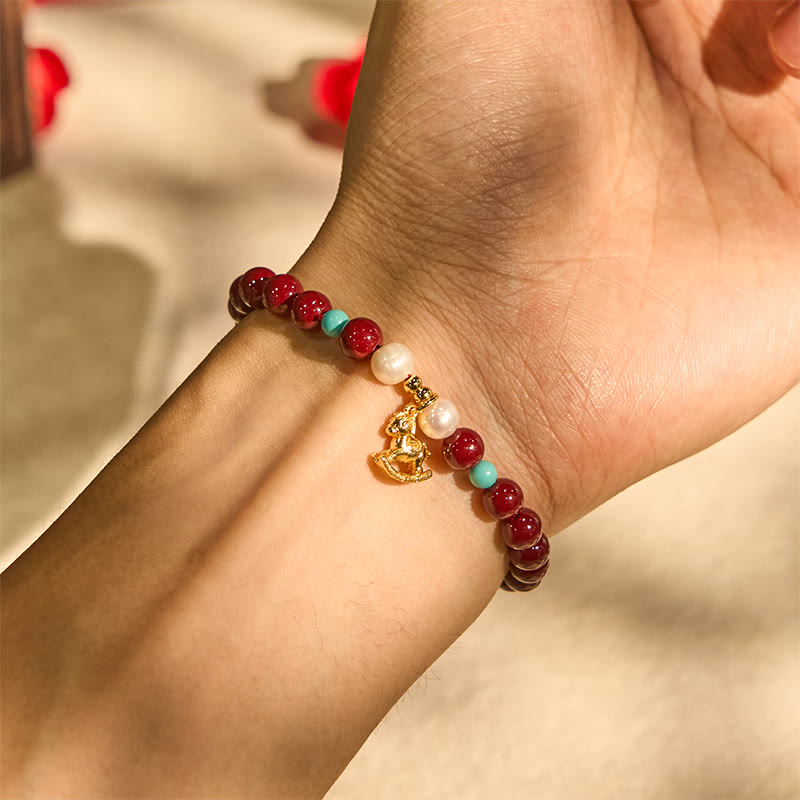 Buddha Stones Year of the Horse Natural Cinnabar Pearl Blessing Bracelet