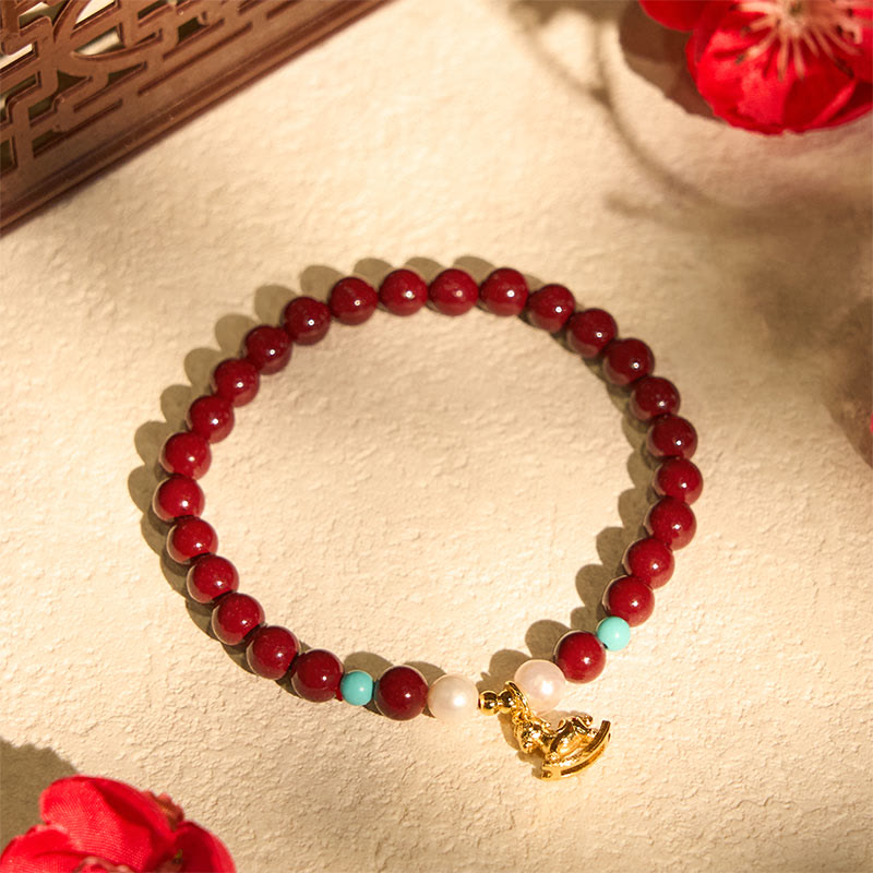 Buddha Stones Year of the Horse Natural Cinnabar Pearl Blessing Bracelet