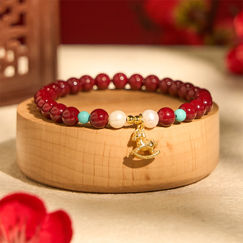 Buddha Stones Year of the Horse Natural Cinnabar Pearl Blessing Bracelet