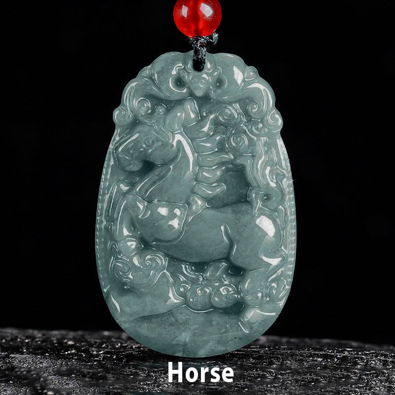 Buddha Stones Chinese Zodiac Jade Year of the Horse Luck Rope Necklace Pendant