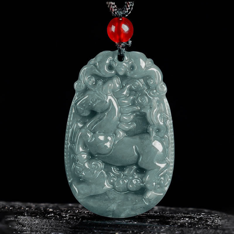 Buddha Stones Chinese Zodiac Jade Year of the Horse Luck Rope Necklace Pendant