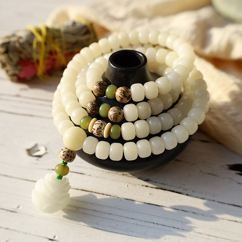 Buddha Stones "Hoping for Serenity and Mindfulness" Bodhi Lotus Mala Includes Gift Message Card